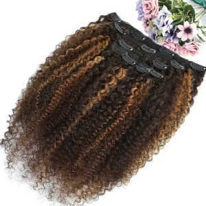 14 Inch Kinky Curly Clip in Hair Extensions for Black Women African American Clip ins, 3C 4A Ombre 4/30 Curly Hair Extensions Clip in Human Hair Triple Weft Thick Soft 10Pcs/Set Full Head Blend Well