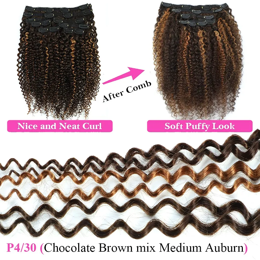 14 Inch Kinky Curly Clip in Hair Extensions for Black Women African American Clip ins, 3C 4A Ombre 4/30 Curly Hair Extensions Clip in Human Hair Triple Weft Thick Soft 10Pcs/Set Full Head Blend Well