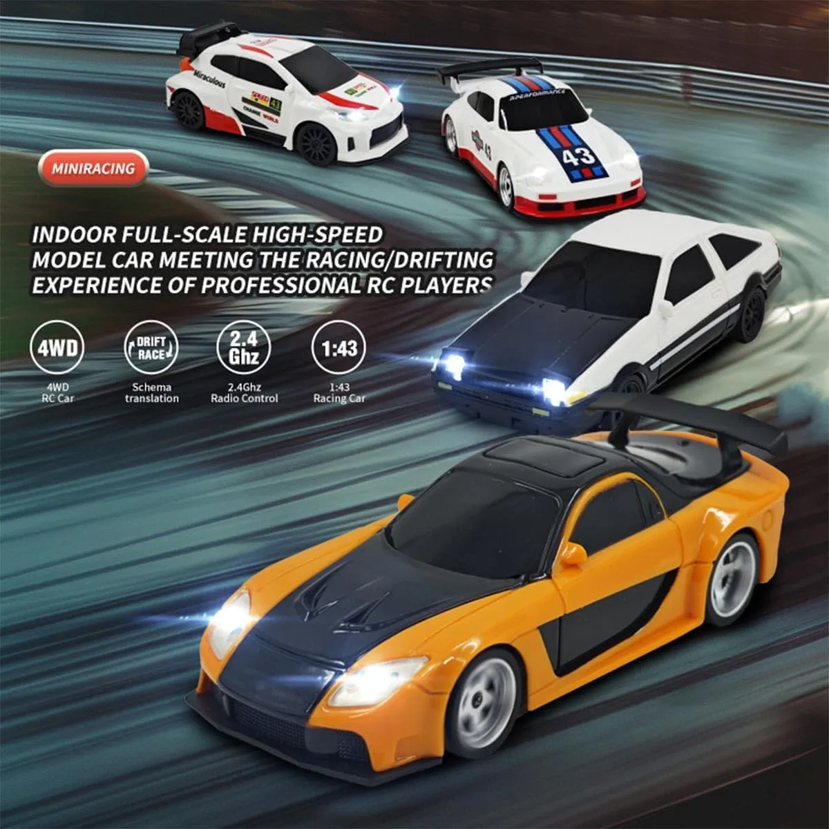 1/43 4WD Mini RC Drift Car, 15 KM/H High Speed Sports Vehicle, 2.4G Full-Proportional Mini Electric RC Racing Car Model with LED Lights, Toy Gift