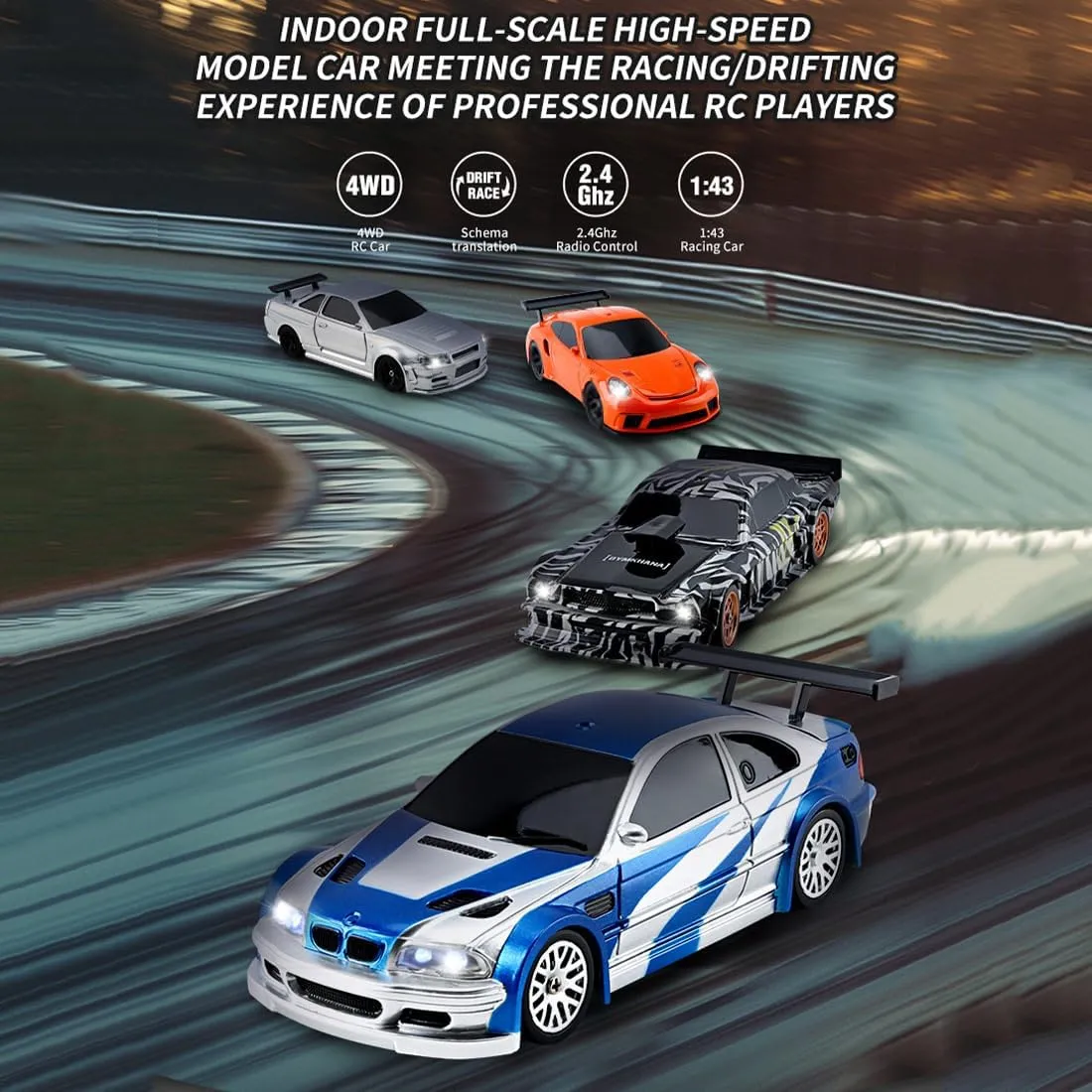 1/43 Scale RC Racing Car, 2.4G 4WD Full-Proportion RC Electric Mini Car, 15KM/H (Gyroscope RTR Version, Orange)