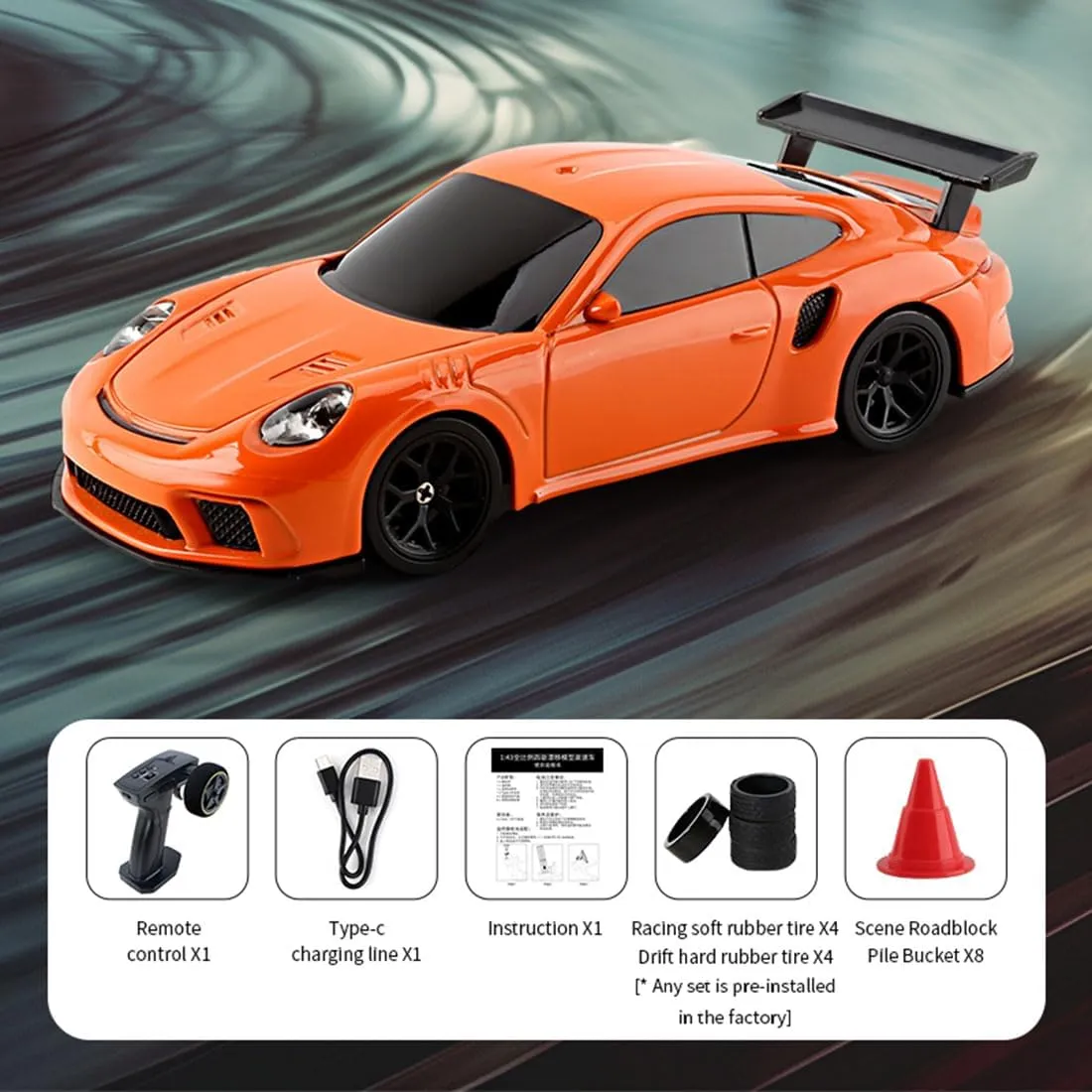 1/43 Scale RC Racing Car, 2.4G 4WD Full-Proportion RC Electric Mini Car, 15KM/H (Gyroscope RTR Version, Orange)