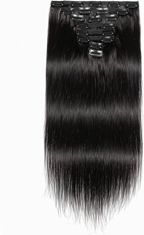 14 Inch Seamless Clip-in Hair Extensions, Natural Black, 8-Piece Set, Real Human Hair, Straight, for Effortless Styling