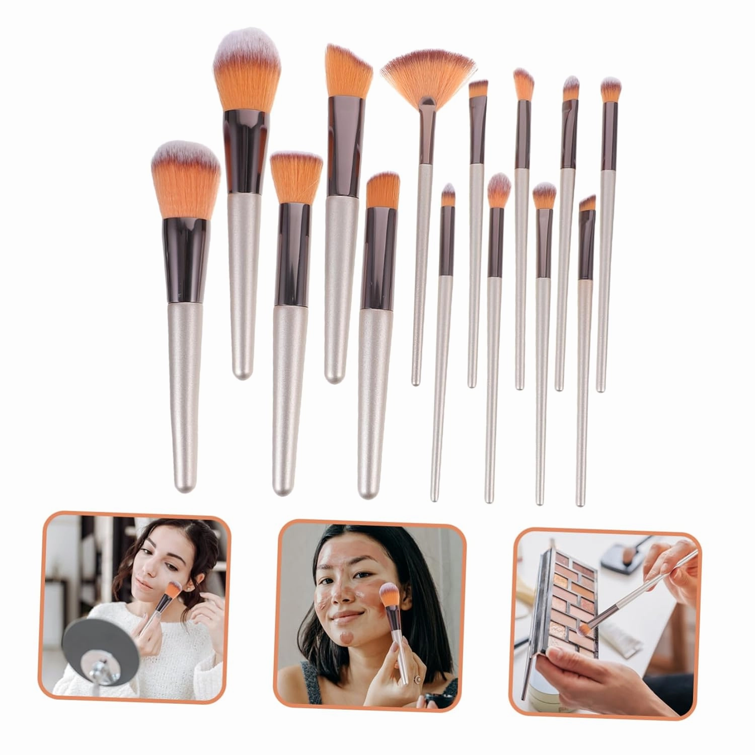 14pcs Assorted Makeup Brush Women Golden Plastic Handle Cosmetics Brush Kit for Daily Professional Use Beauty Care Supplies for Application