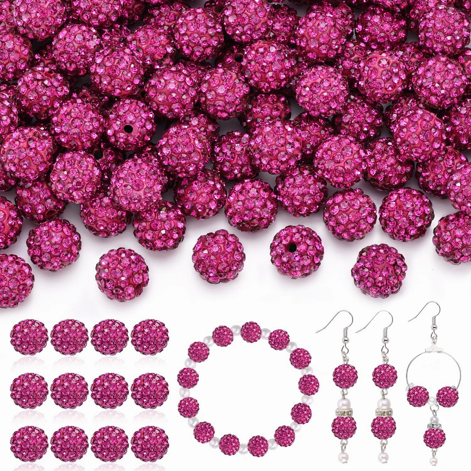 150 Pcs Fuchsia Rhinestone Beads for Jewelry Making, Sparkle Crystal Clay Christmas for Bracelet Baseball Necklace Earring Crafting and DIY, Shiny Round Shamballa Disco Ball Beads Bulk