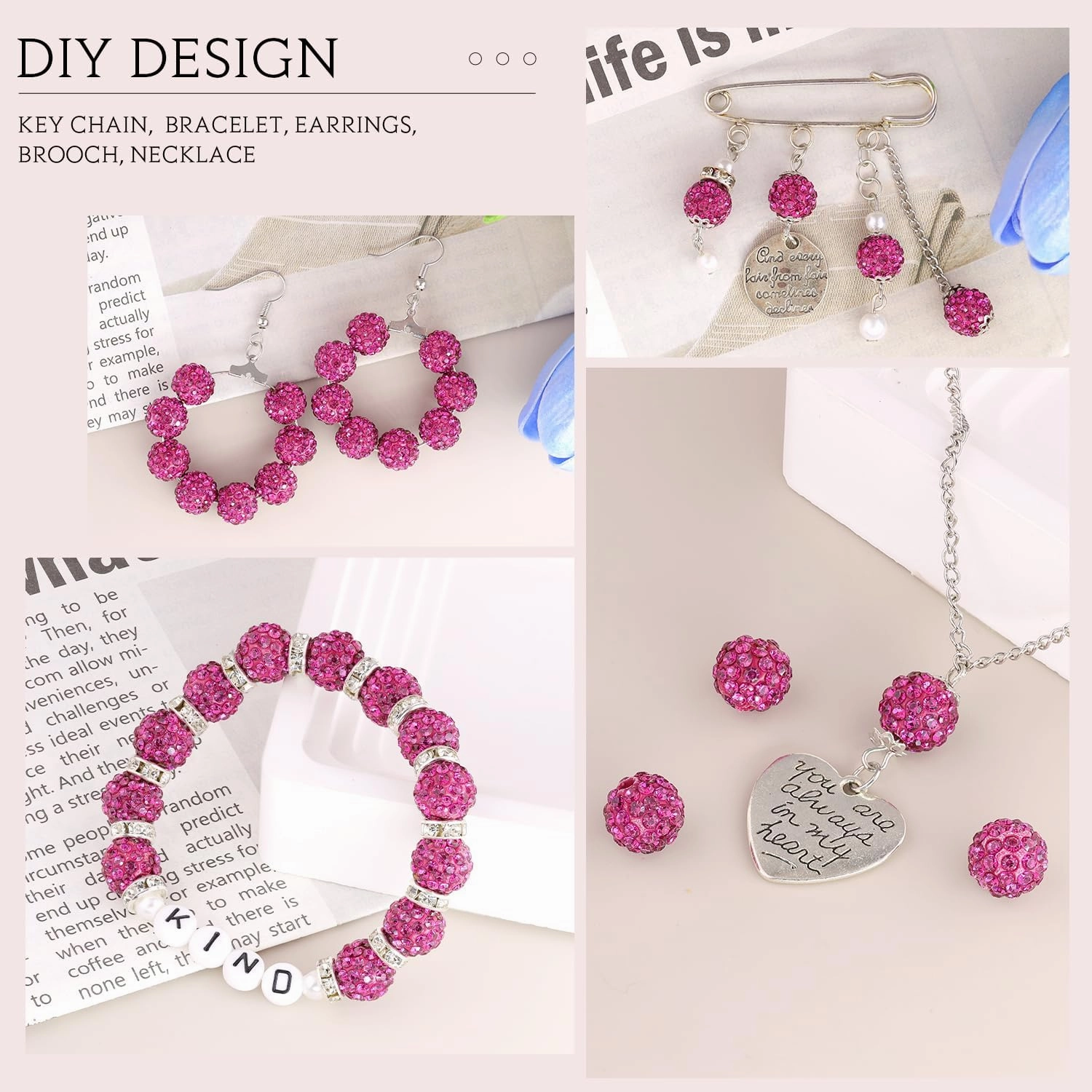 150 Pcs Fuchsia Rhinestone Beads for Jewelry Making, Sparkle Crystal Clay Christmas for Bracelet Baseball Necklace Earring Crafting and DIY, Shiny Round Shamballa Disco Ball Beads Bulk