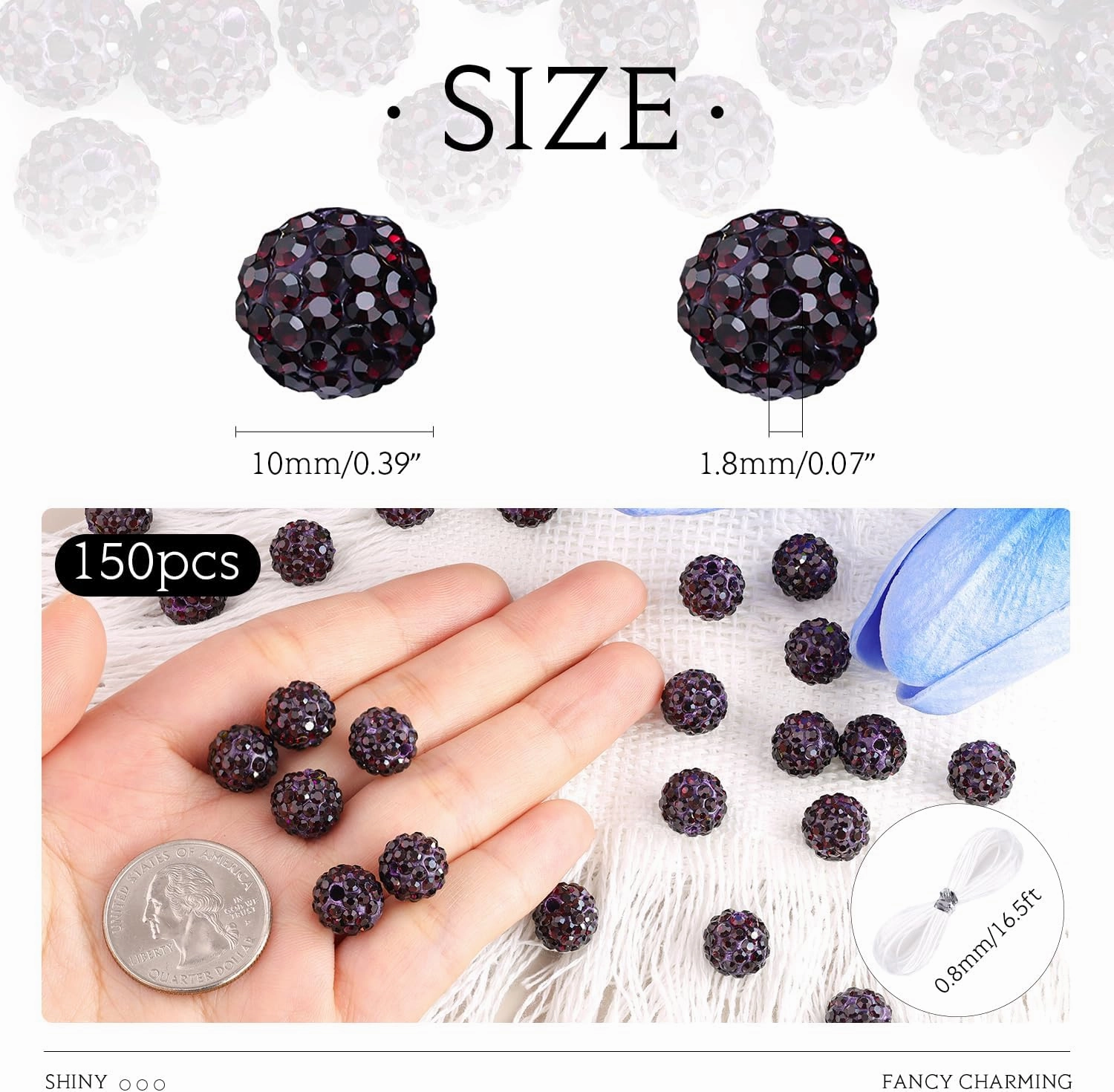 150 Pcs Fuchsia Rhinestone Beads for Jewelry Making, Sparkle Crystal Clay Christmas for Bracelet Baseball Necklace Earring Crafting and DIY, Shiny Round Shamballa Disco Ball Beads Bulk