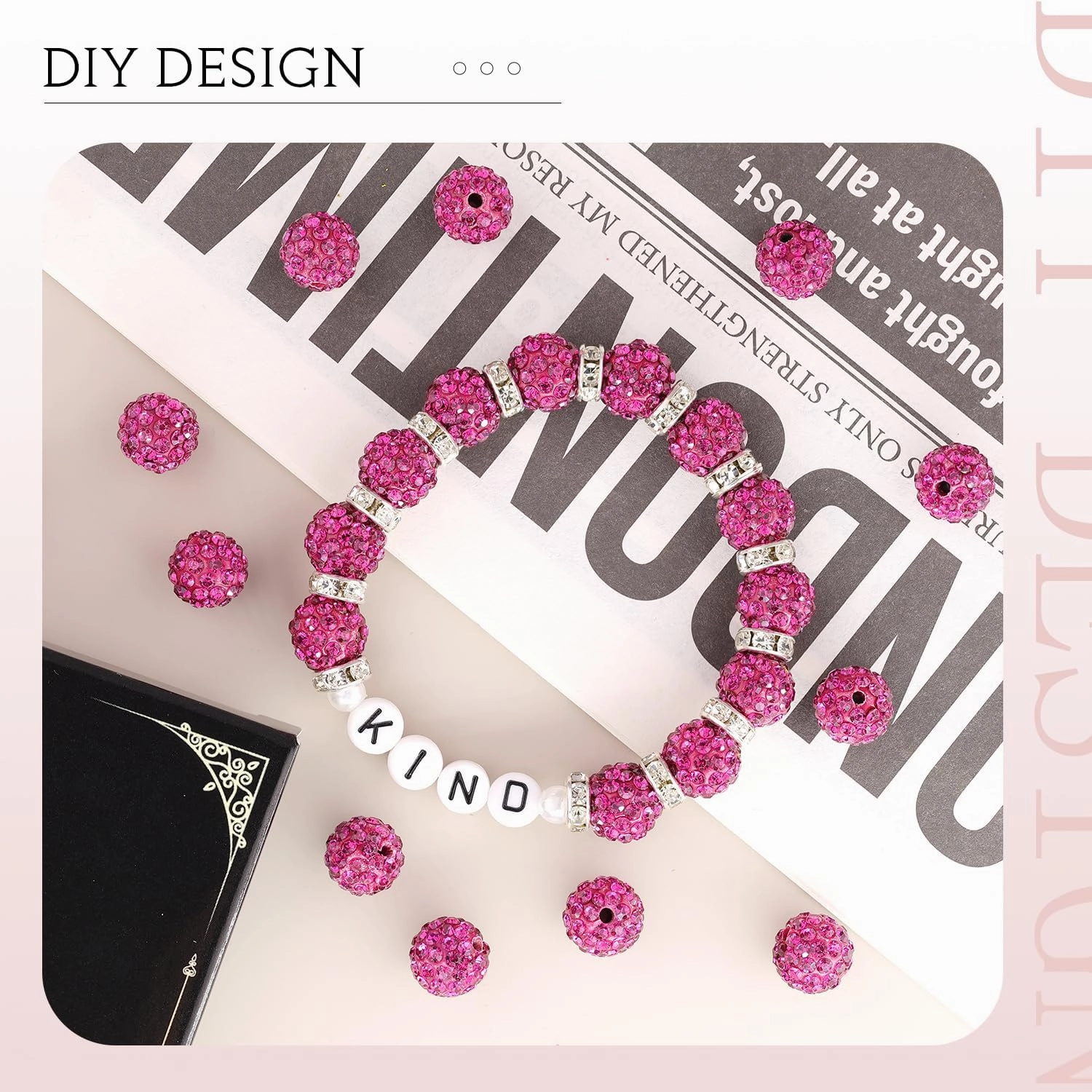 150 Pcs Fuchsia Rhinestone Beads for Jewelry Making, Sparkle Crystal Clay Christmas for Bracelet Baseball Necklace Earring Crafting and DIY, Shiny Round Shamballa Disco Ball Beads Bulk