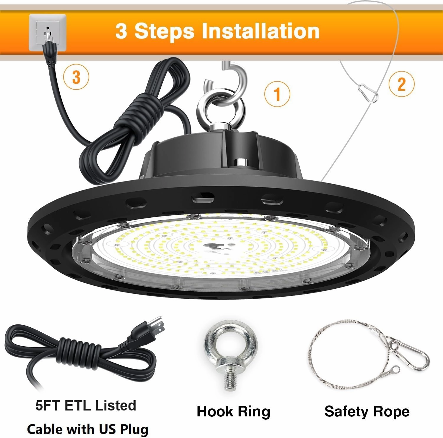 150W UFO LED High Bay Light, 22500LM, 0-10V Dimmable (Eqv. 600W HPS/MH), 5000K Daylight, for Shop/Warehouse/Factory Lighting – 1Pack