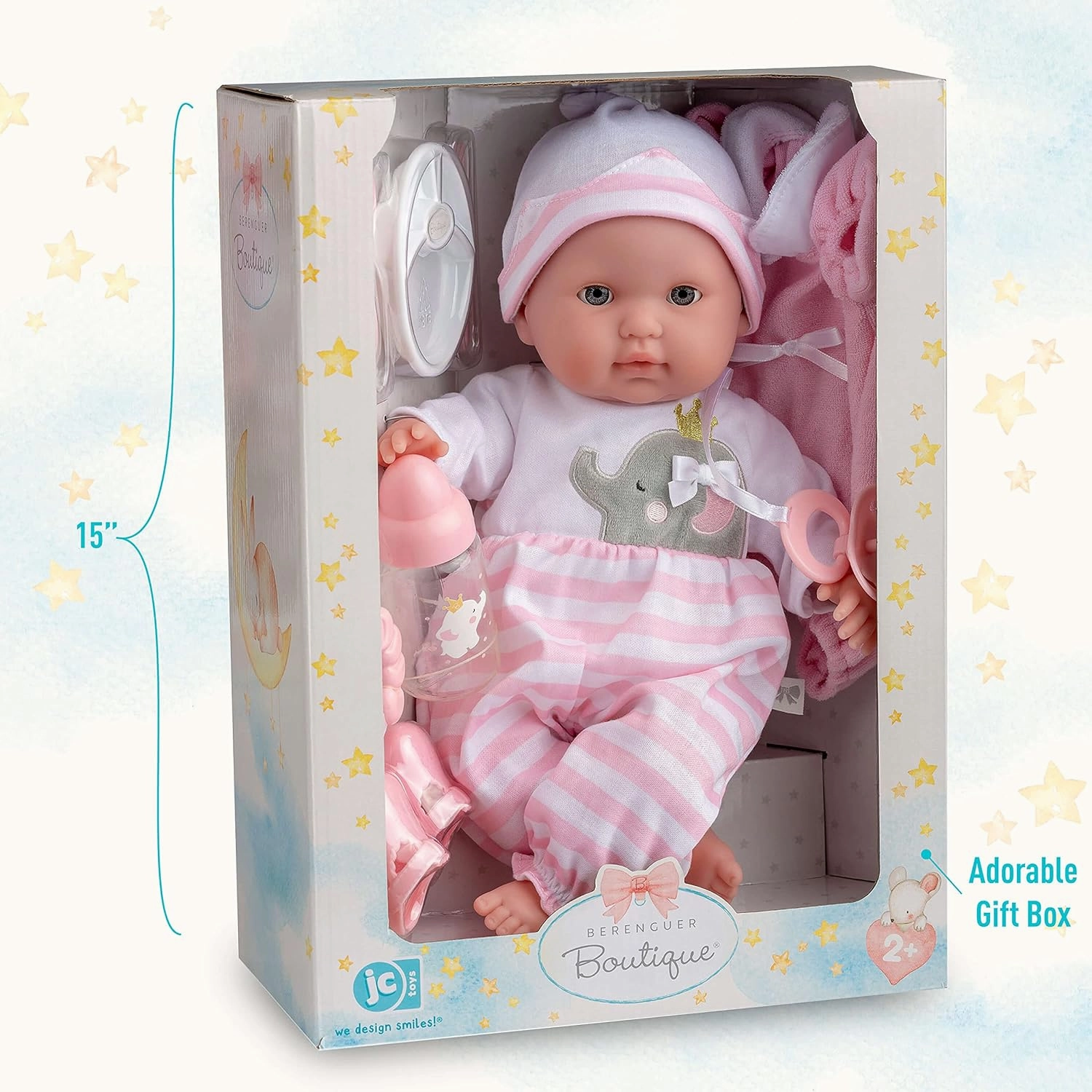 15" Realistic Soft Body Baby Doll with Open/Close Eyes | JC Toys - Berenguer Boutique | 10 Piece Gift Set with Bottle, Rattle, Pacifier & Accessories | Pink | Ages 2 