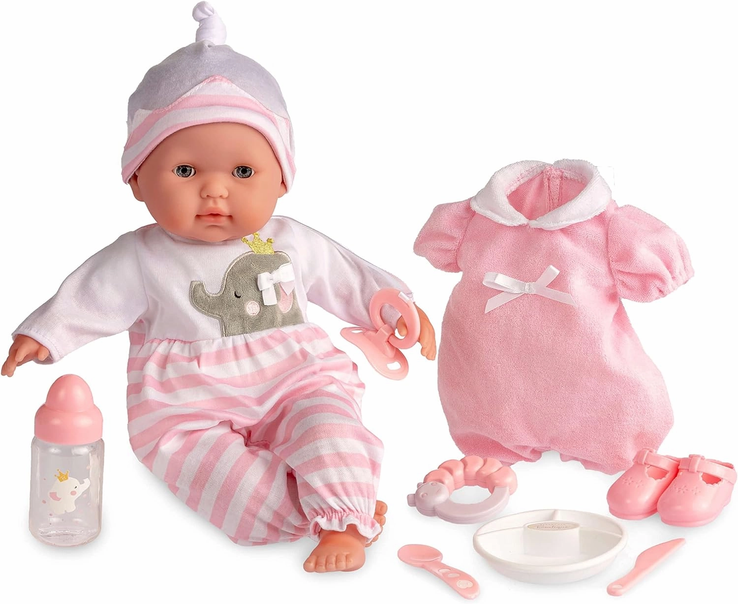 15" Realistic Soft Body Baby Doll with Open/Close Eyes | JC Toys - Berenguer Boutique | 10 Piece Gift Set with Bottle, Rattle, Pacifier & Accessories | Pink | Ages 2 