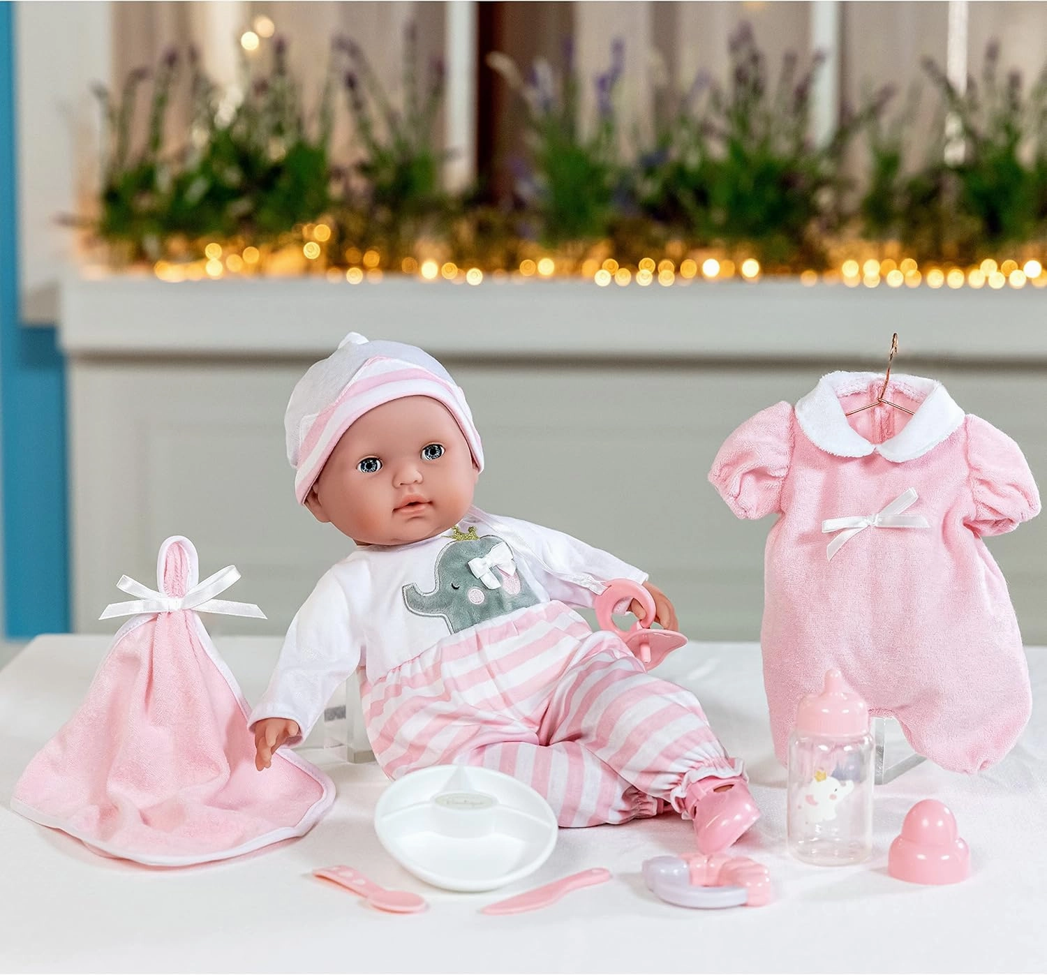 15" Realistic Soft Body Baby Doll with Open/Close Eyes | JC Toys - Berenguer Boutique | 10 Piece Gift Set with Bottle, Rattle, Pacifier & Accessories | Pink | Ages 2 