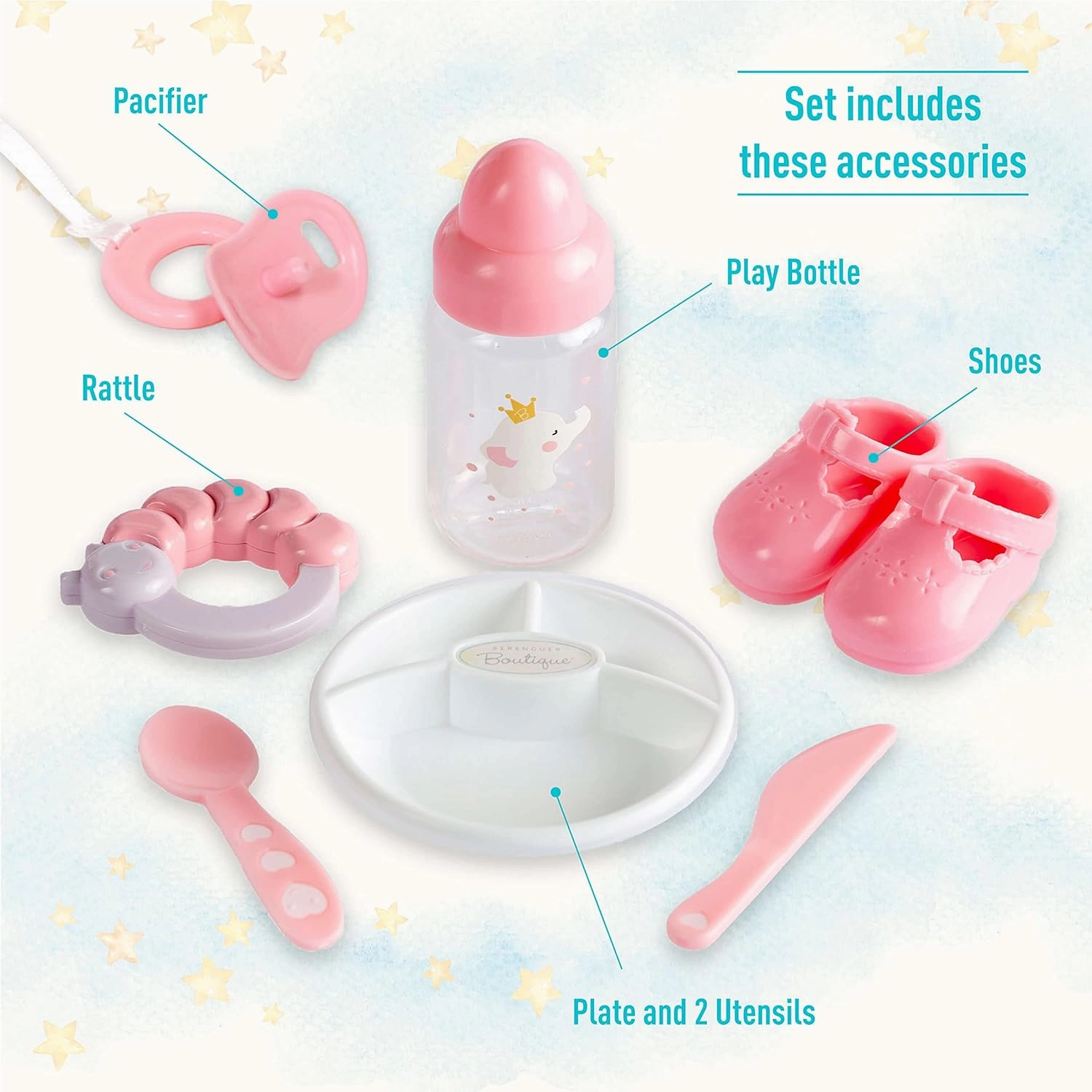 15" Realistic Soft Body Baby Doll with Open/Close Eyes | JC Toys - Berenguer Boutique | 10 Piece Gift Set with Bottle, Rattle, Pacifier & Accessories | Pink | Ages 2 