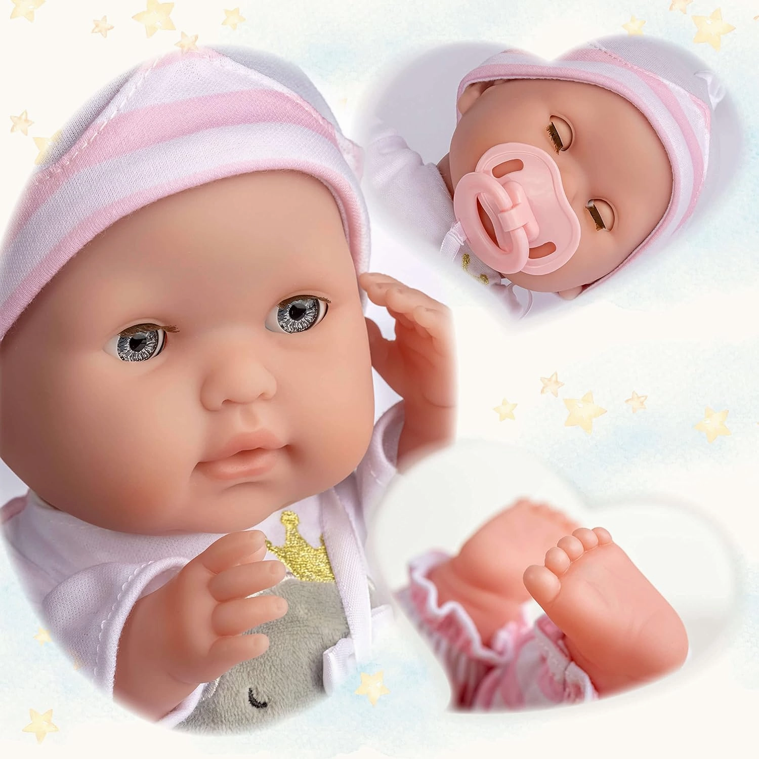 15" Realistic Soft Body Baby Doll with Open/Close Eyes | JC Toys - Berenguer Boutique | 10 Piece Gift Set with Bottle, Rattle, Pacifier & Accessories | Pink | Ages 2 