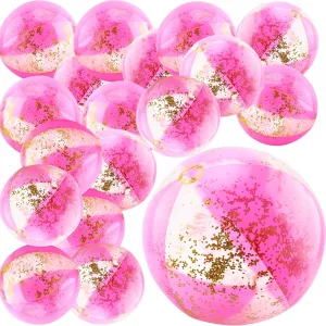 18 Pack 8 Inch Inflatable Pink Glitter Beach Balls Bulk Blow Up Pink Confetti Beach Balls for Summer Beach Pool Water Party Toys Hawaiian Luau Party Favors