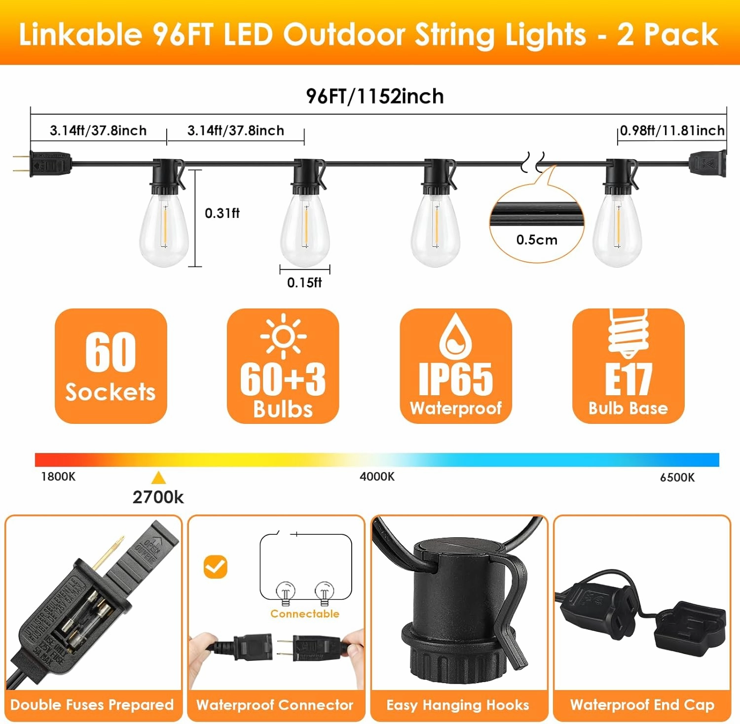 192FT(2x96FT) LED Outdoor String Lights, Patio Lights with 60 3 Shatterproof Waterproof 2700K Dimmable Bulbs, Linkable Light for Balcony-Black