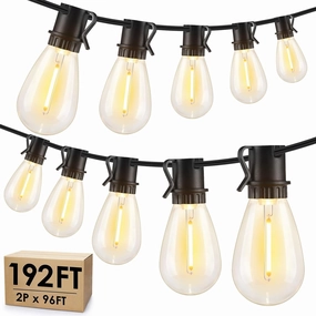 192FT(2x96FT) LED Outdoor String Lights, Patio Lights with 60 3 Shatterproof Waterproof 2700K Dimmable Bulbs, Linkable Light for Balcony-Black