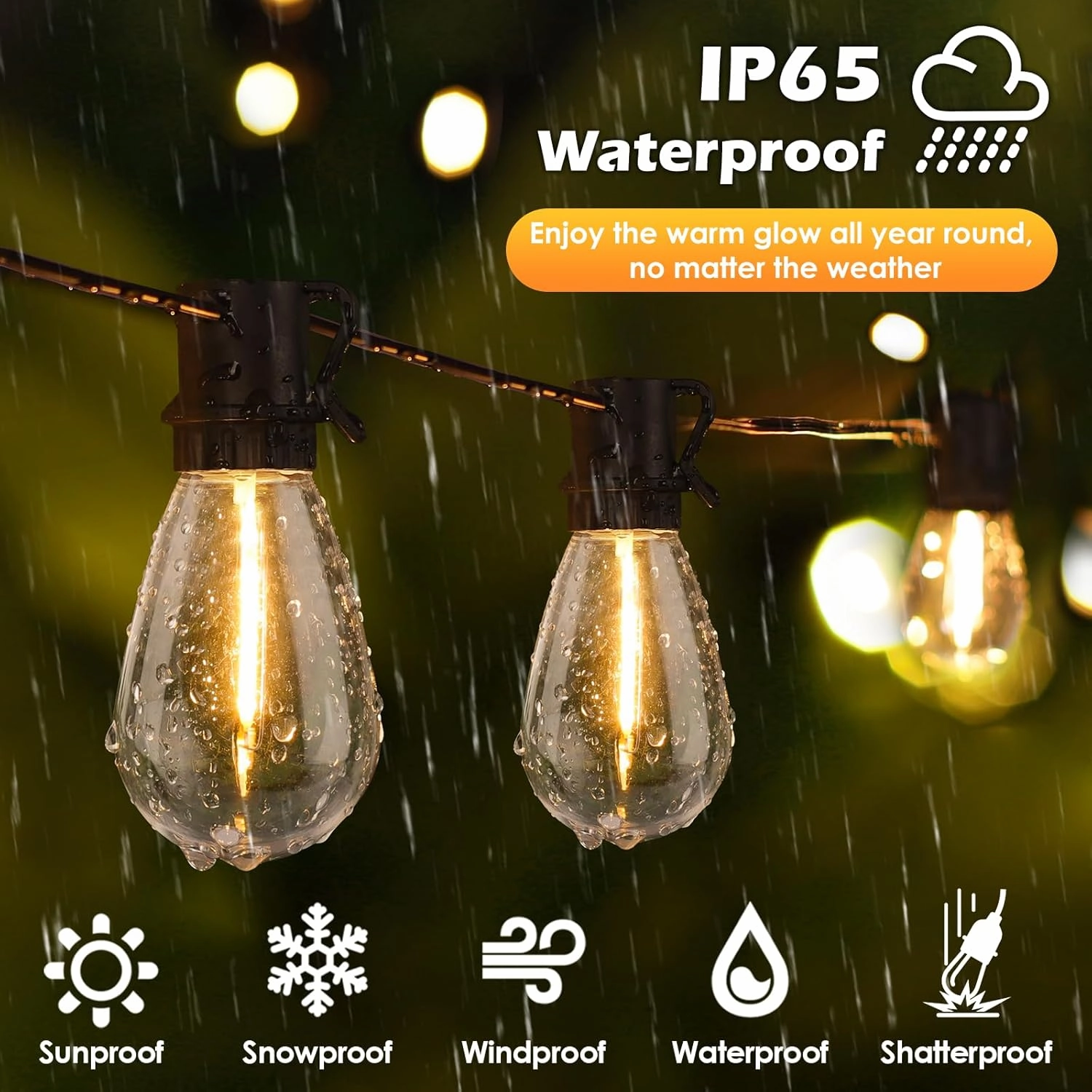 192FT(2x96FT) LED Outdoor String Lights, Patio Lights with 60 3 Shatterproof Waterproof 2700K Dimmable Bulbs, Linkable Light for Balcony-Black
