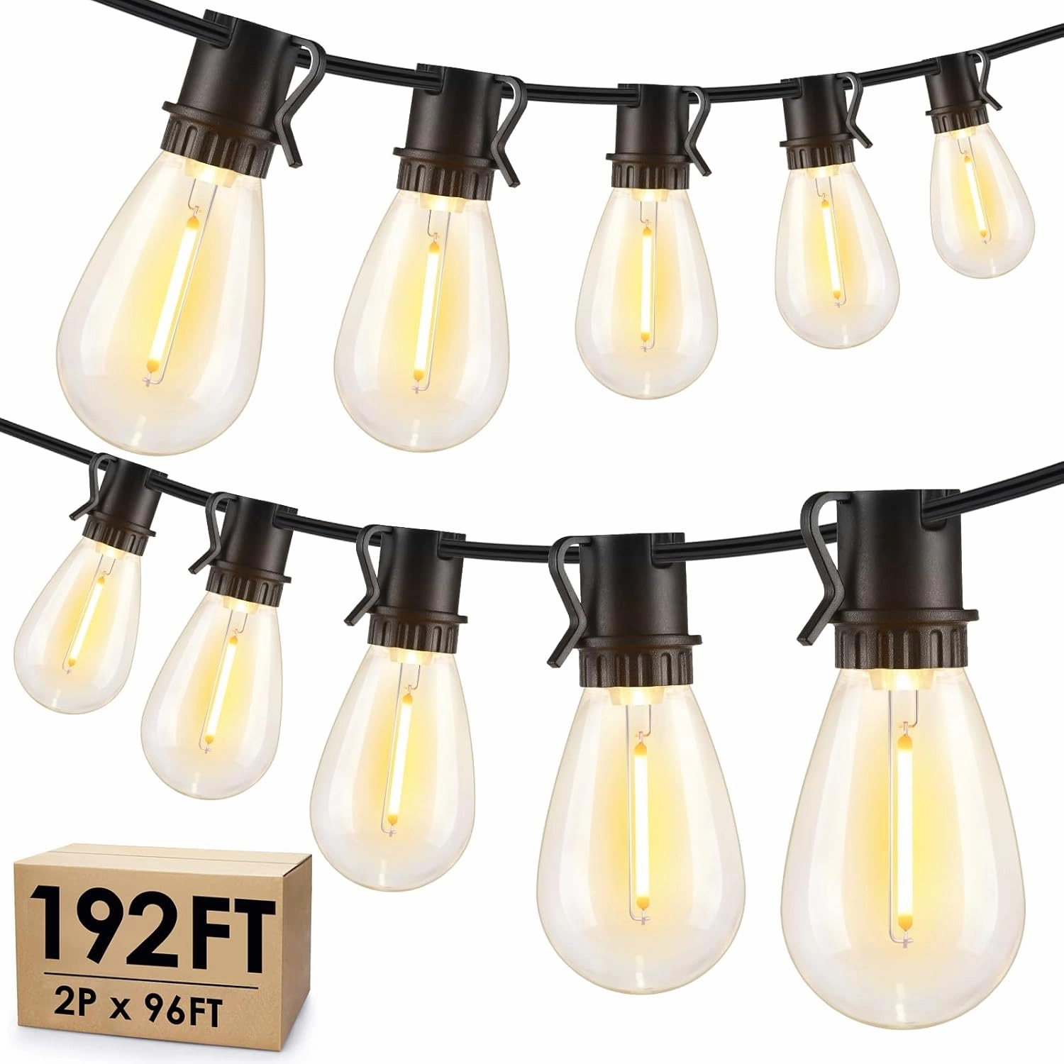 192FT(2x96FT) LED Outdoor String Lights, Patio Lights with 60 3 Shatterproof Waterproof 2700K Dimmable Bulbs, Linkable Light for Balcony-Black