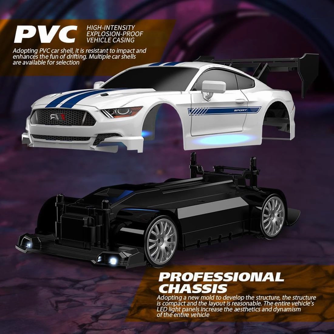 1/24 Scale Mini RC Drift Car, 4WD High-Speed 30KM/H 2.4GHz Electric Remote Control Racing Sports Cars with LED Lights Vehicle for Adults Enthusiasts - Purple/ 3PCS Battery