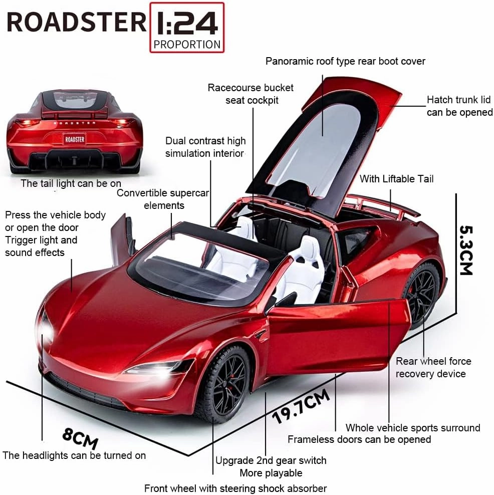 1:24 Scale Roadster Alloy Car Model Diecast Toy Vehicles for Kids, car Model，Pull Back Alloy Car with Lights and Music,Gifts for Boys and Girls. (Red)