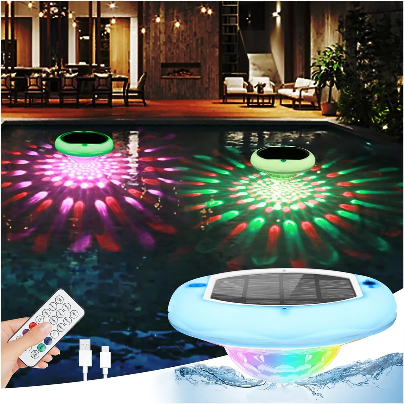 2-in-1 Solar Pool Lights USB Rechargeable Floating Pool Lights with Remote, 6.69 Inch 2600mAh IP68 Waterproof RGB 6 Dynamic Modes Upper and Lower Glow Hangable Light for Patio 1 Pack