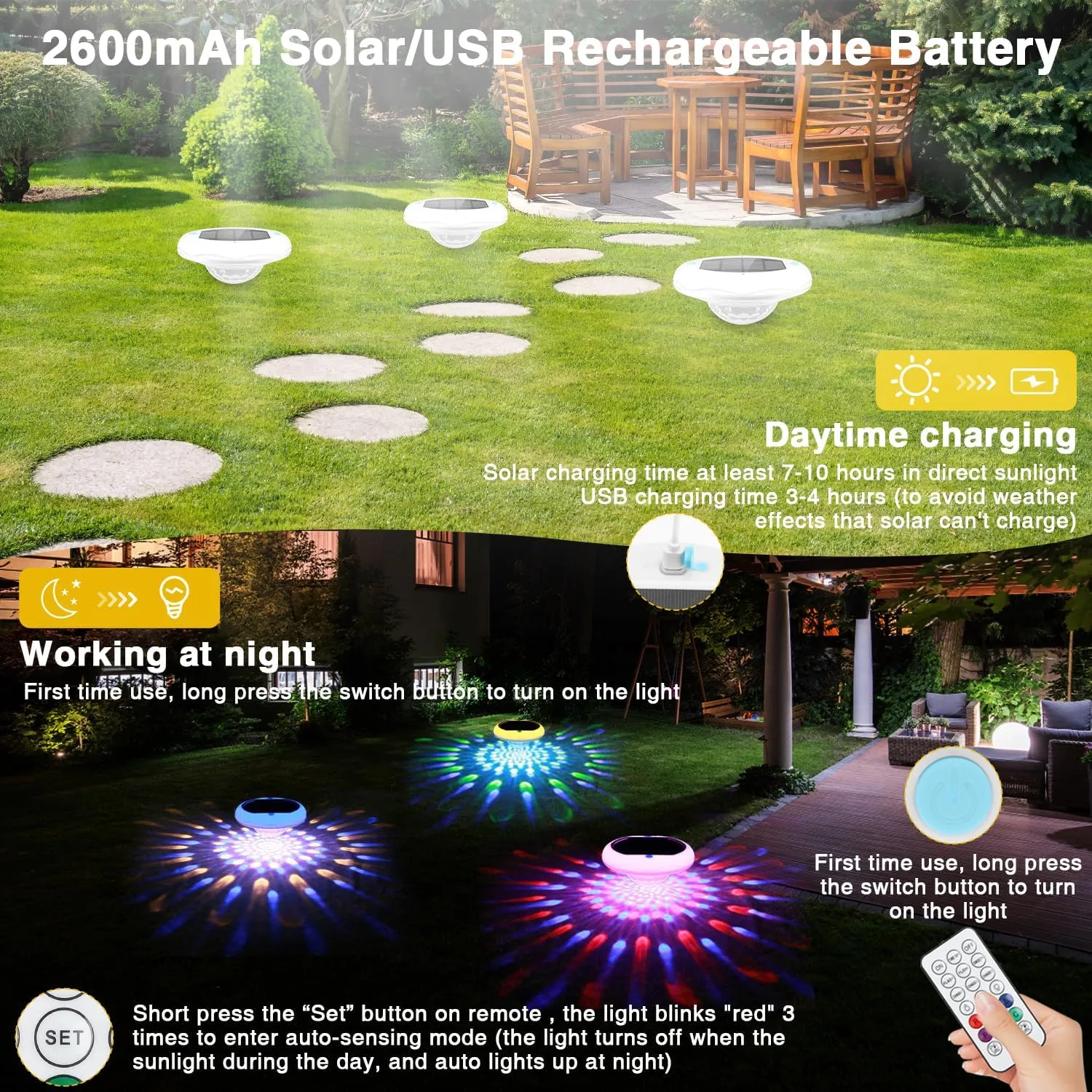 2-in-1 Solar Pool Lights USB Rechargeable Floating Pool Lights with Remote, 6.69 Inch 2600mAh IP68 Waterproof RGB 6 Dynamic Modes Upper and Lower Glow Hangable Light for Patio 1 Pack