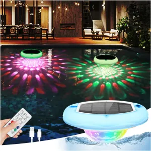 2-in-1 Solar Pool Lights USB Rechargeable Floating Pool Lights with Remote, 6.69 Inch 2600mAh IP68 Waterproof RGB 6 Dynamic Modes Upper and Lower Glow Hangable Light for Patio 1 Pack