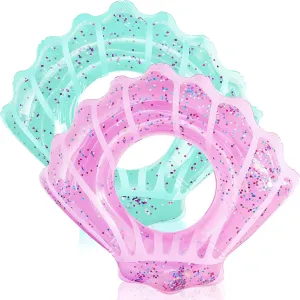 2 Pack Shell Swim Rings Inflatable Seashell Pool Float Swimming Floatie Glitter Confetti Raft Water Swim Tube Summer Beach Party Decorations for Kids Toddlers Teens (Pink, Blue)
