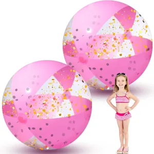 2 Pieces 42 Inch Giant Pink Beach Ball Large Glitter Inflatable Balls Big Swimming Pool Party Favor Balls Confetti Plastic Balls for Water Games Beach Summer Pool Toy Hawaii Luau Birthday Party Decor