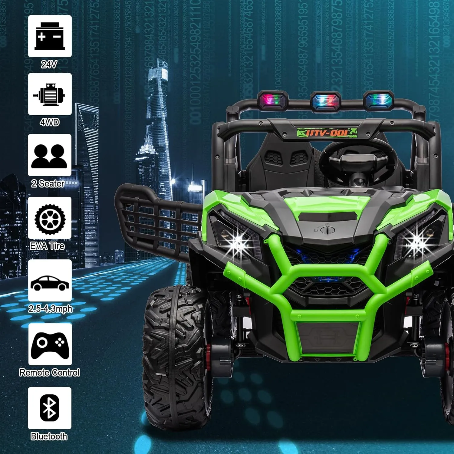 2 Seater Kids Ride On Car, 24V Battery Powered Kids Ride On UTV with Remote Control, 4x4 Side by Side Ride On Truck with EVA Tire, Kids Electric Vehicle with Bluetooth, Green, Large