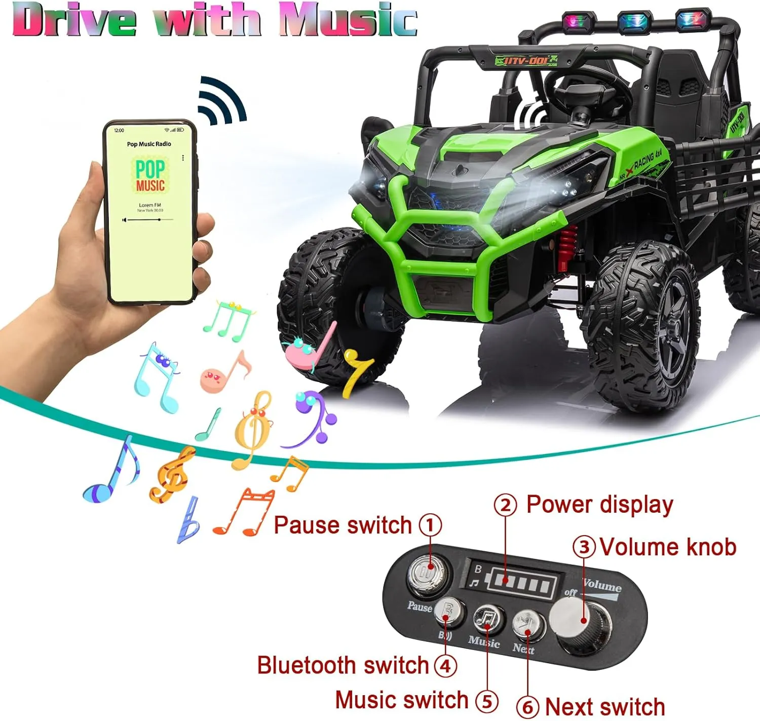 2 Seater Kids Ride On Car, 24V Battery Powered Kids Ride On UTV with Remote Control, 4x4 Side by Side Ride On Truck with EVA Tire, Kids Electric Vehicle with Bluetooth, Green, Large