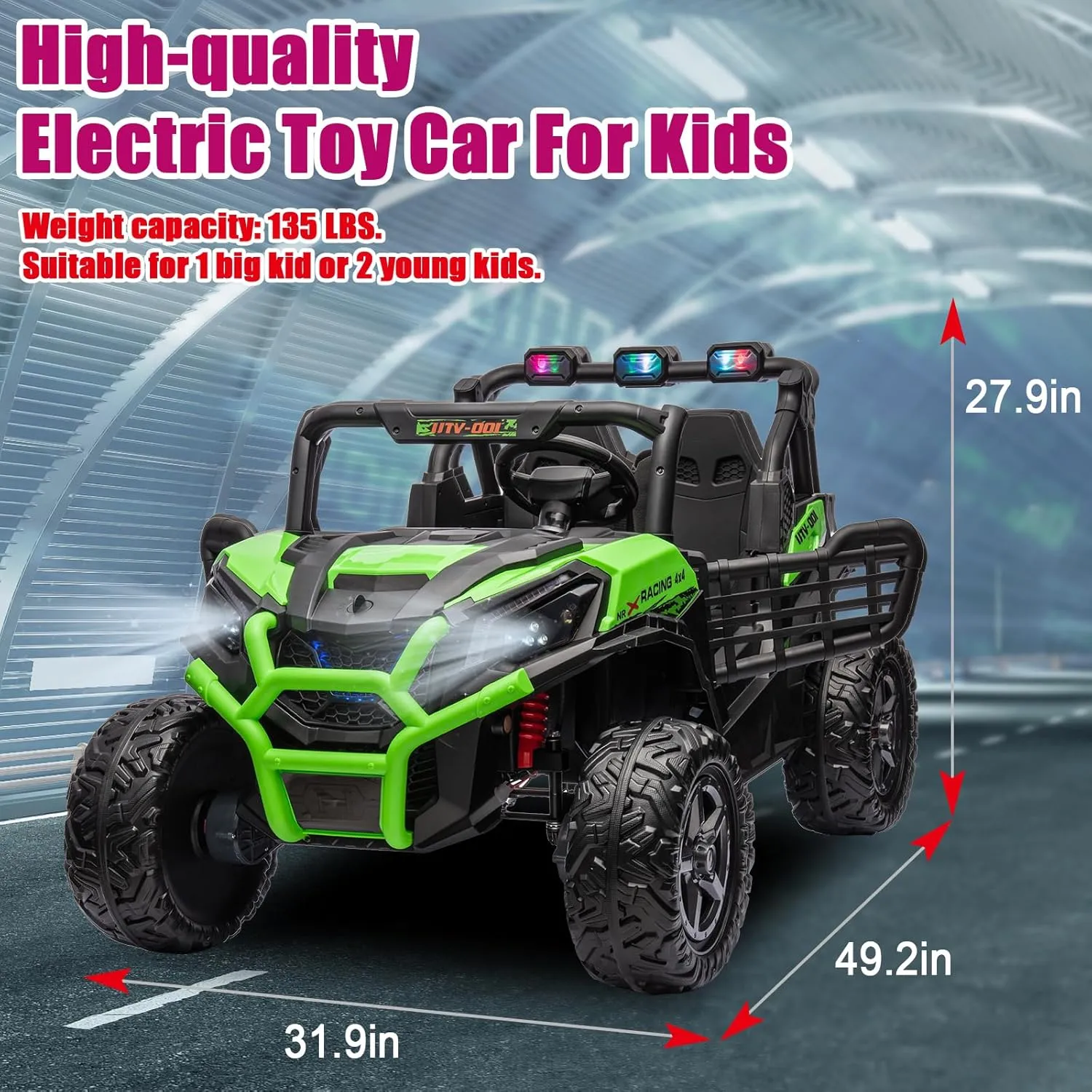 2 Seater Kids Ride On Car, 24V Battery Powered Kids Ride On UTV with Remote Control, 4x4 Side by Side Ride On Truck with EVA Tire, Kids Electric Vehicle with Bluetooth, Green, Large