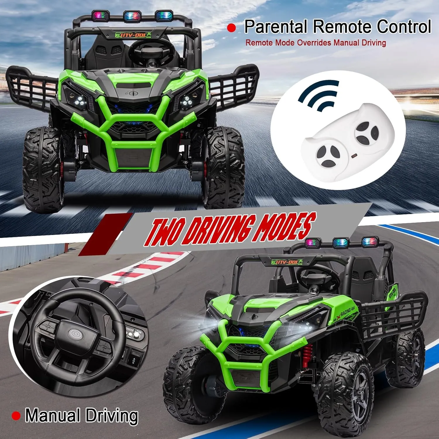 2 Seater Kids Ride On Car, 24V Battery Powered Kids Ride On UTV with Remote Control, 4x4 Side by Side Ride On Truck with EVA Tire, Kids Electric Vehicle with Bluetooth, Green, Large