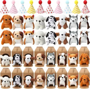 20 Pcs Mini Plush Toy Stuffed Animals Stuffed dogs Set with 20 Birthday Hats 20 Kraft Paper Boxes Adopt Pet Gift for Adult Animal Theme Birthday Party(Cute)
