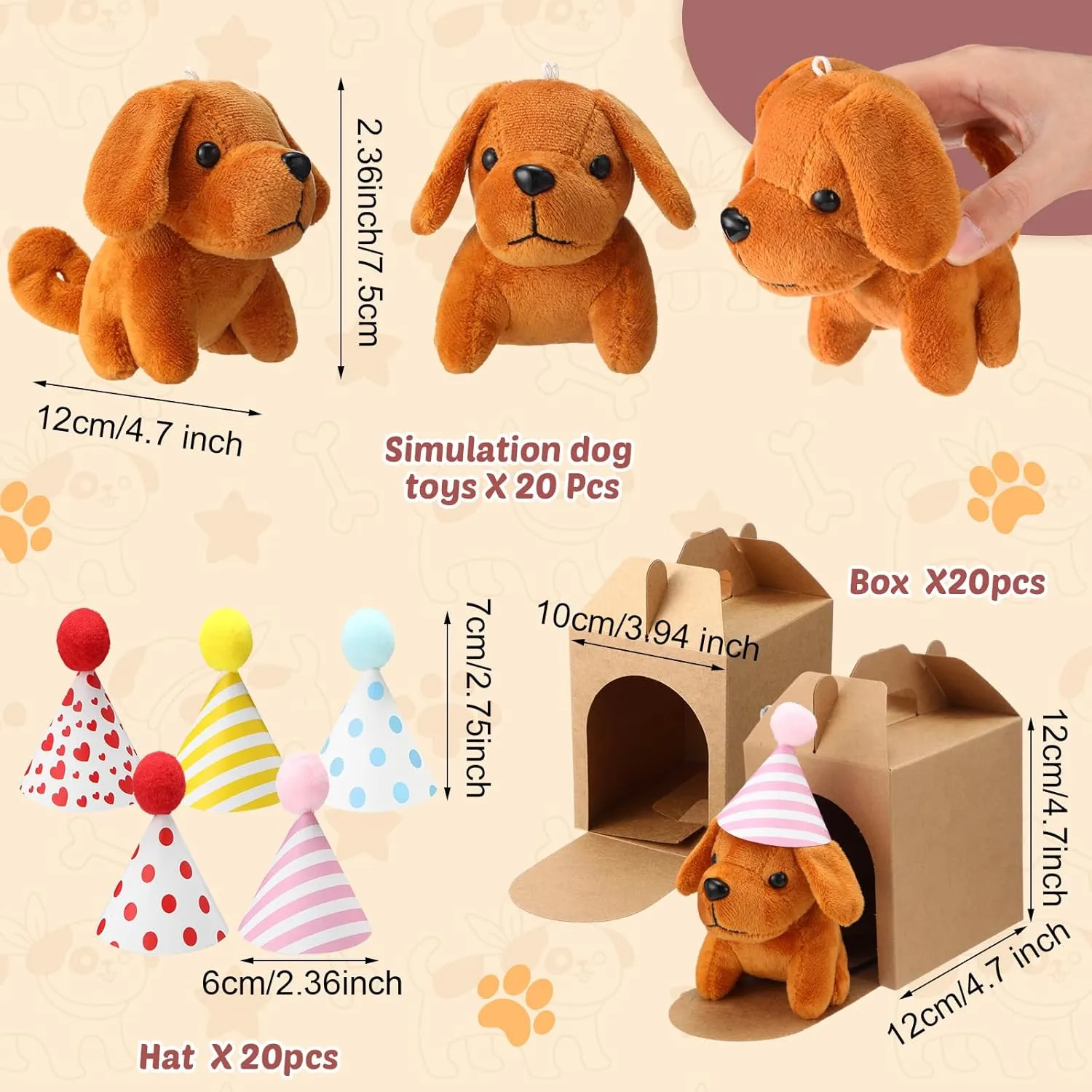 20 Pcs Mini Plush Toy Stuffed Animals Stuffed dogs Set with 20 Birthday Hats 20 Kraft Paper Boxes Adopt Pet Gift for Adult Animal Theme Birthday Party(Cute)