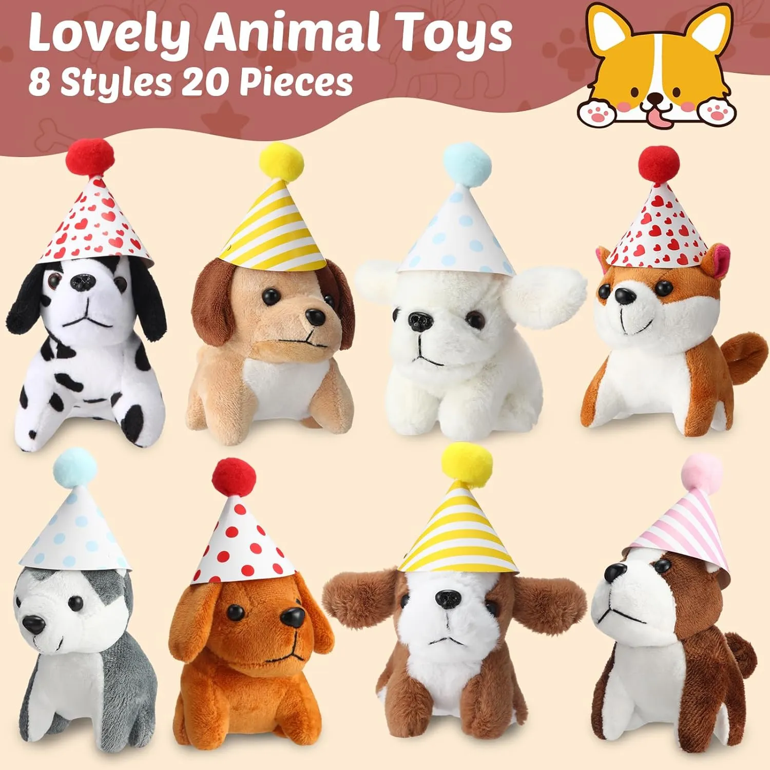 20 Pcs Mini Plush Toy Stuffed Animals Stuffed dogs Set with 20 Birthday Hats 20 Kraft Paper Boxes Adopt Pet Gift for Adult Animal Theme Birthday Party(Cute)
