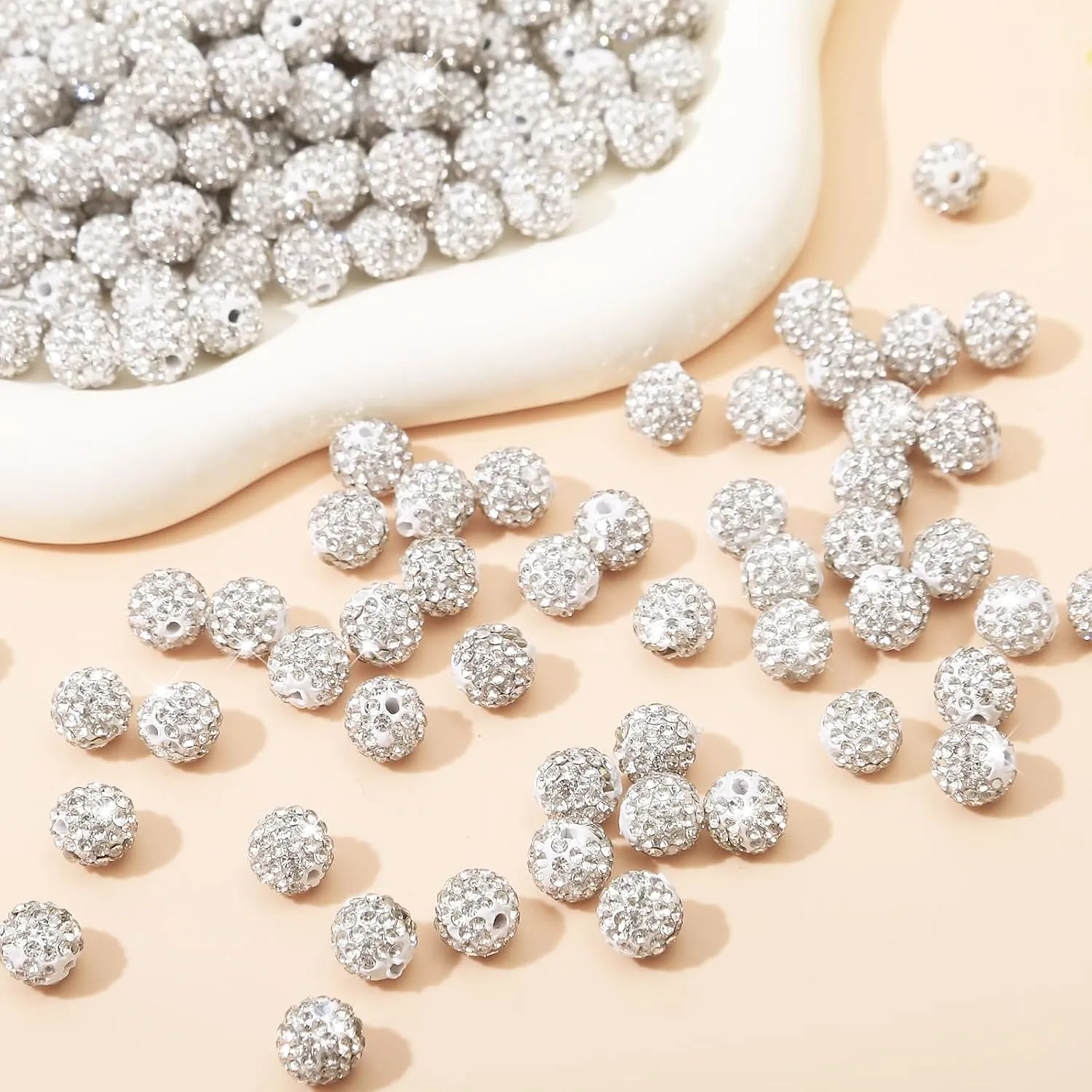 200Pcs Rhinestone Beads 10mm White Sparkle Round Shamballa Disco Ball Beads, Shiny Crystal Clay Pave Diamond Rhinestones Bead for Necklace Bracelet Earring Jewelry Making Supplies Party Decoration