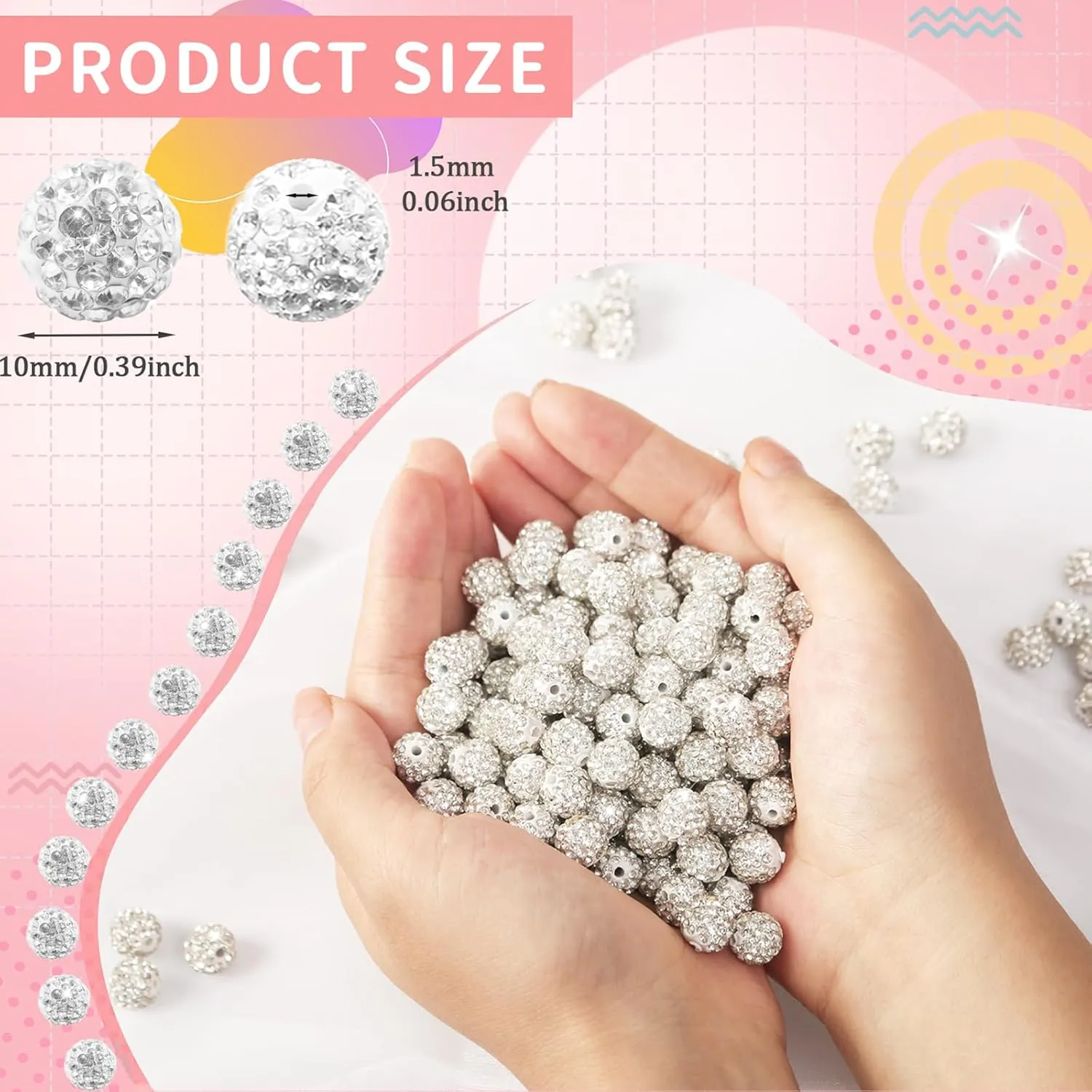 200Pcs Rhinestone Beads 10mm White Sparkle Round Shamballa Disco Ball Beads, Shiny Crystal Clay Pave Diamond Rhinestones Bead for Necklace Bracelet Earring Jewelry Making Supplies Party Decoration