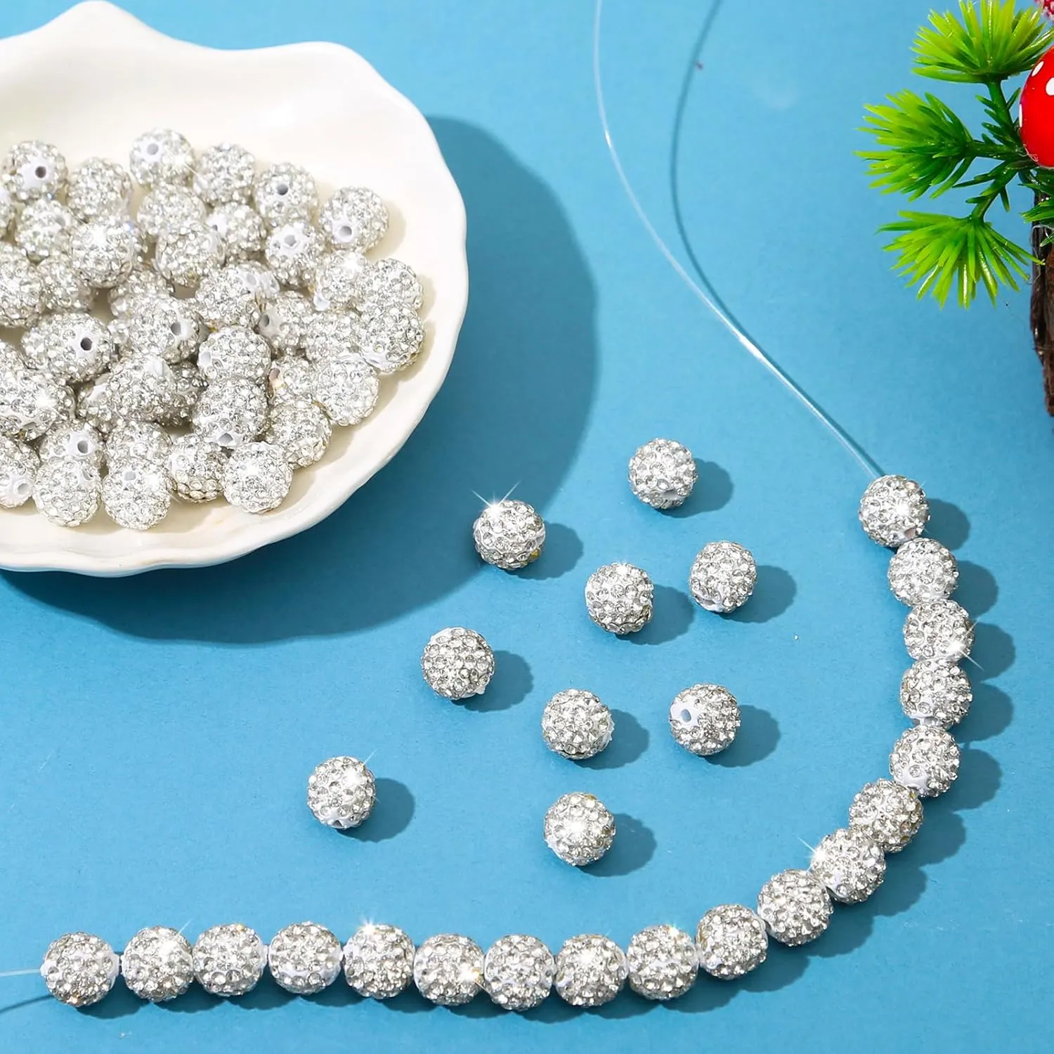 200Pcs Rhinestone Beads 10mm White Sparkle Round Shamballa Disco Ball Beads, Shiny Crystal Clay Pave Diamond Rhinestones Bead for Necklace Bracelet Earring Jewelry Making Supplies Party Decoration