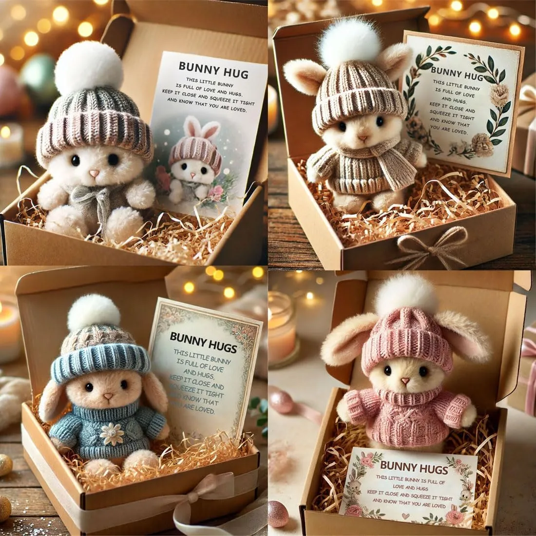 2025 Mini Bunny Hug Cute Easter Gift, Easter Plush Bunny with Knitted Hat and Pompom, Soft Pocket Emotional Support Rabbit with Gift Box & Card (Style B)
