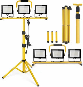 21000Lumen LED Work Lights with Stand - 3 Head Portable Work Light on Stand - IP66 Waterproof Tripod Worklights for Outdoor Indoor Job Site Workshop Garage Construction Site Lighting