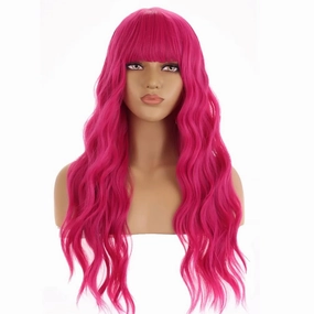 23 Inch Hot Pink Long Curly Synthetic Wig with Bangs and Adjustable Wefted Cap for Women and Girls