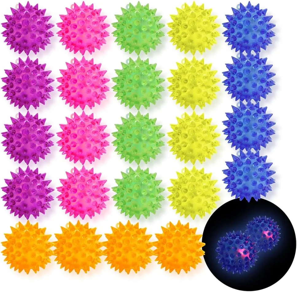 24 Pack Rubber Blinking Squishy Stress Relief Sensory Ball Toys LED Flashing Fidget Spiky Therapy Balls or Kids Teens Adults Stress Relief Party Favors