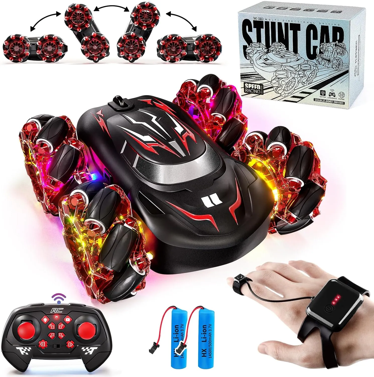2.4GHz RC Stunt Car,4WD Double-Sided Gesture Sensing RC Cars,360°Flips Remote Control Car with Lights and Music for Boys Kids Birthday Gifts Age 6-12 Year Old (Red