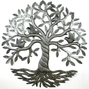 24" Recycled Handmade Haitian Metal Wall Art Tree of Life with Birds, Twisted Trunk