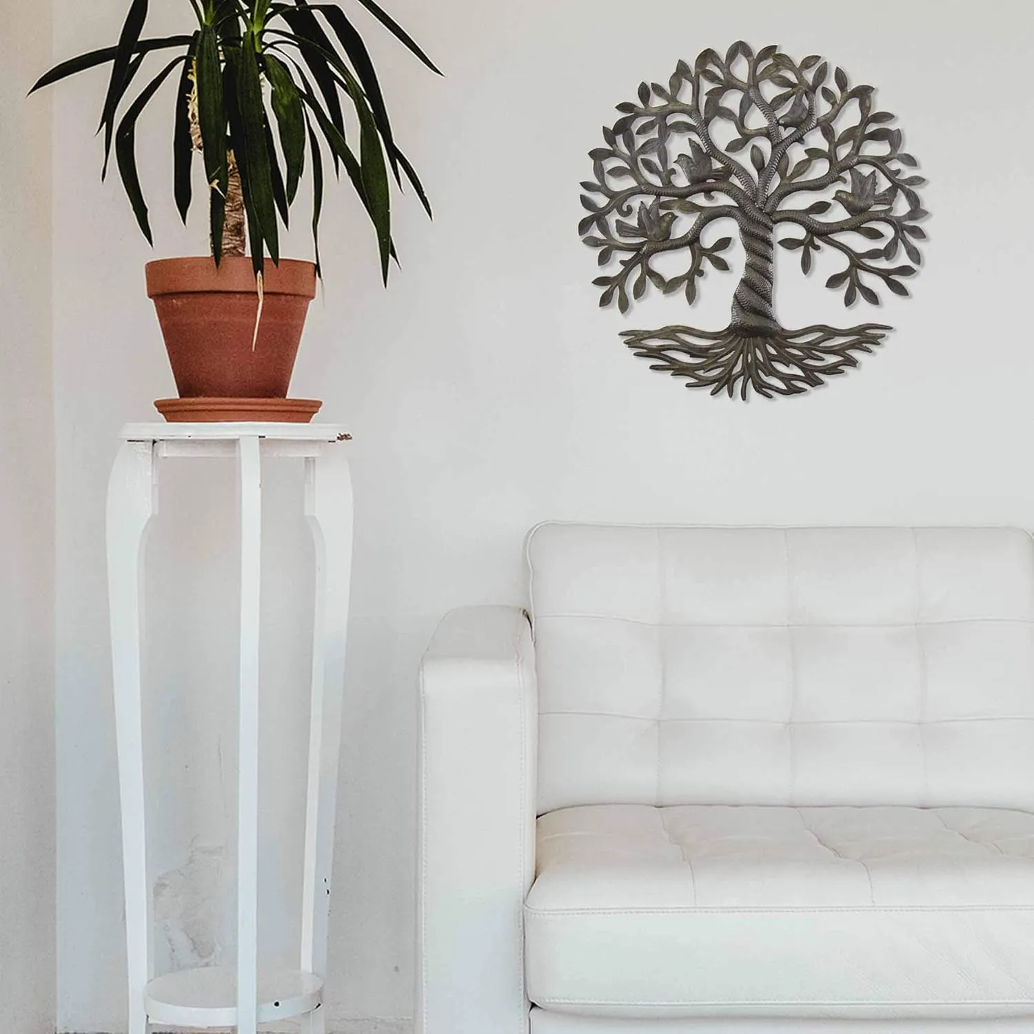 24" Recycled Handmade Haitian Metal Wall Art Tree of Life with Birds, Twisted Trunk
