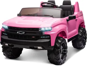 24V 2 Seater Ride On Truck Car, Compatible for Chevrolet Silverado Battery Powered Electric Car for Kids w/Remote Control, Metal Suspension, Soft Start, FM/Bluetooth/Music, LED Lights, Pink