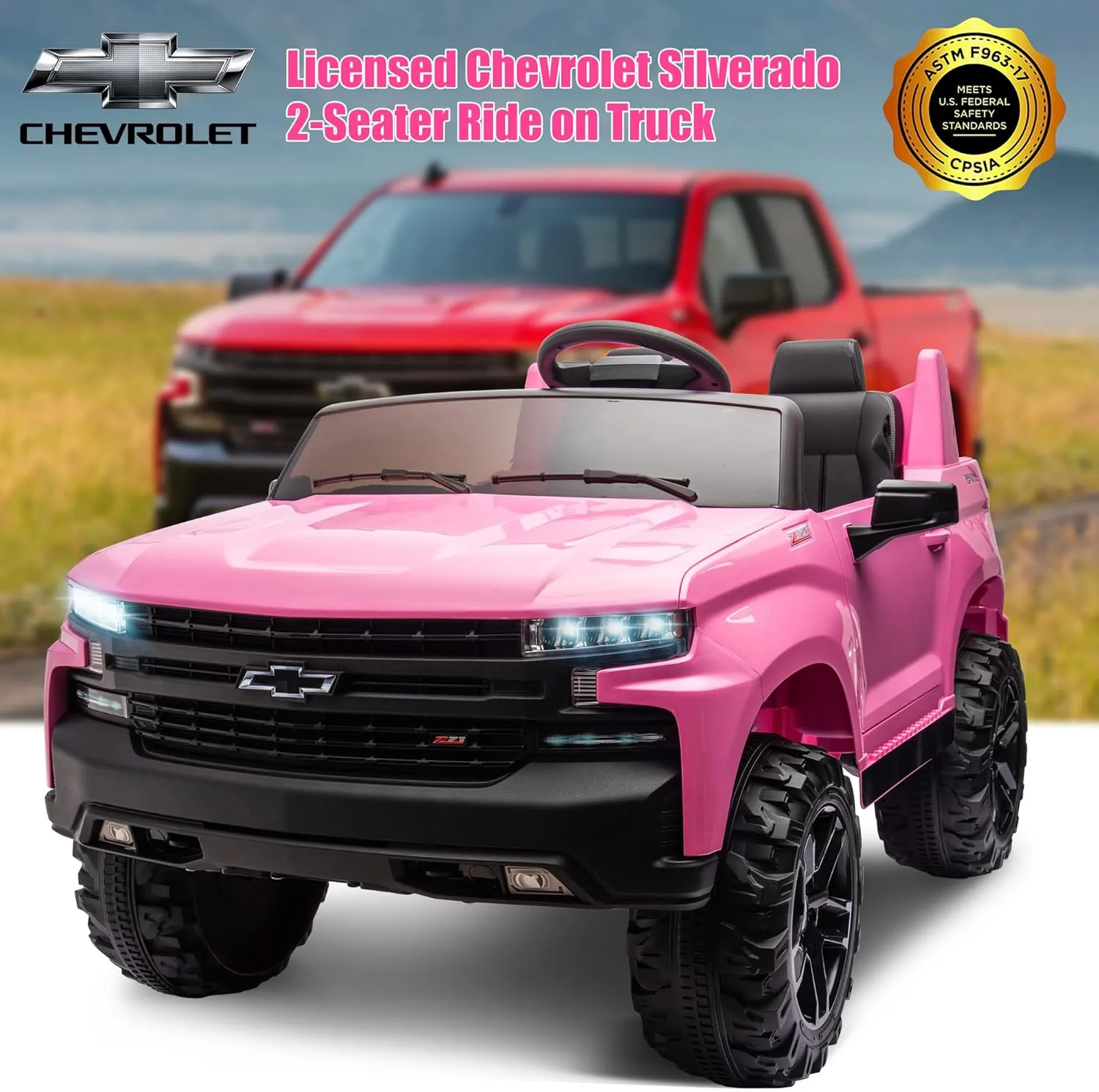 24V 2 Seater Ride On Truck Car, Compatible for Chevrolet Silverado Battery Powered Electric Car for Kids w/Remote Control, Metal Suspension, Soft Start, FM/Bluetooth/Music, LED Lights, Pink