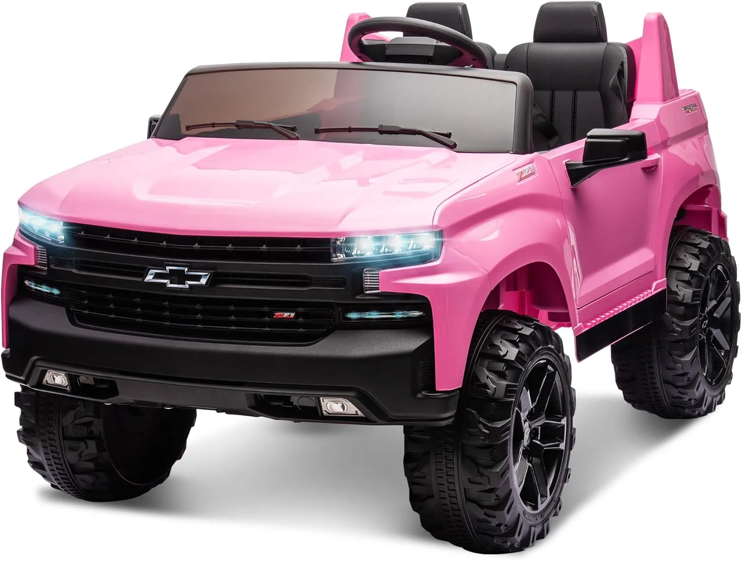 24V 2 Seater Ride On Truck Car, Compatible for Chevrolet Silverado Battery Powered Electric Car for Kids w/Remote Control, Metal Suspension, Soft Start, FM/Bluetooth/Music, LED Lights, Pink