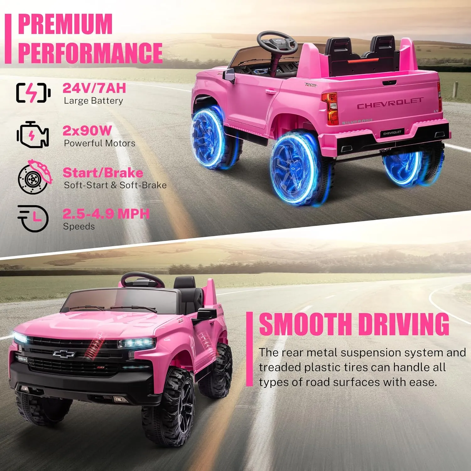 24V 2 Seater Ride On Truck Car, Compatible for Chevrolet Silverado Battery Powered Electric Car for Kids w/Remote Control, Metal Suspension, Soft Start, FM/Bluetooth/Music, LED Lights, Pink